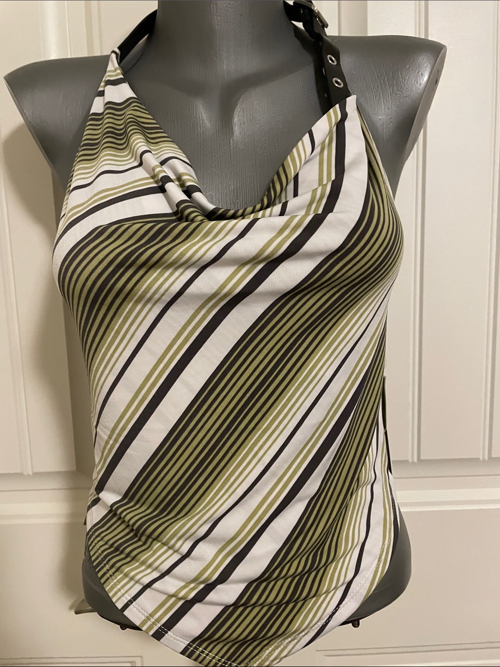 Moa Moa Olive, Black & White Striped Halter Cowl Camisole